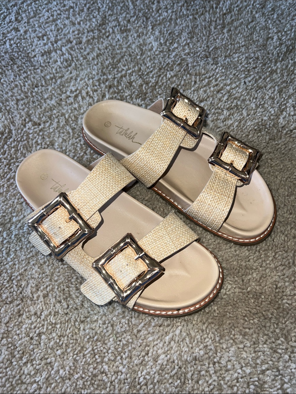 TALULAH Cream Woven Double-Buckle Slide Sandals
